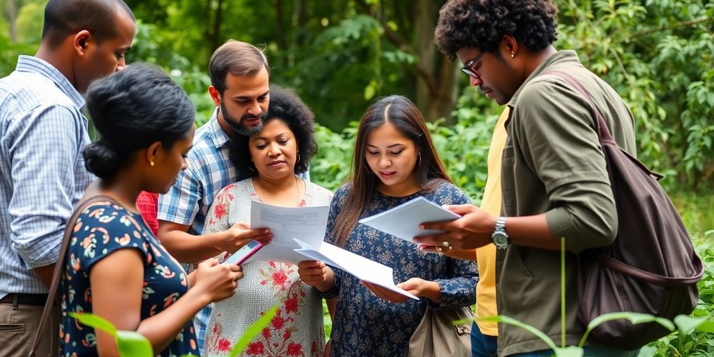 Group discussing climate action in a natural setting.