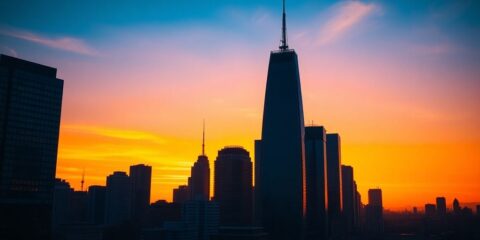 City skyline at sunset, reflecting growth and optimism.