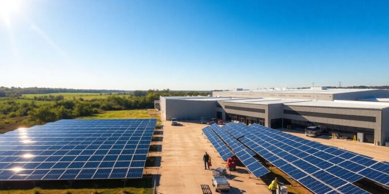 Solar manufacturing facility with solar panels and workers.