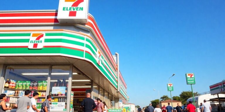 Busy 7-Eleven store with customers and colorful products.