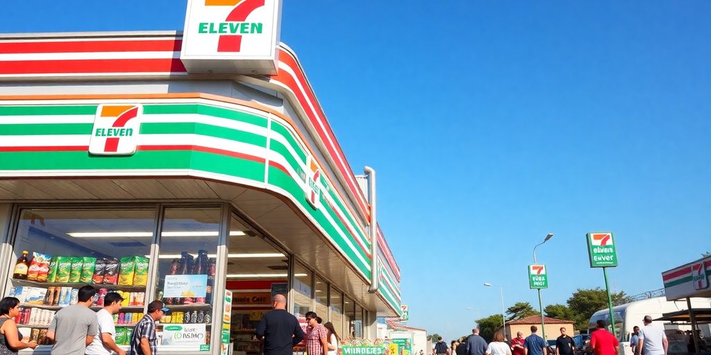 Busy 7-Eleven store with customers and colorful products.