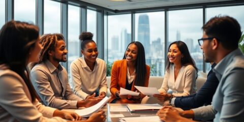 Group of finance professionals collaborating in a modern office.