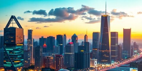 Night city skyline with bright lights and modern architecture.