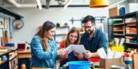 Small business owners collaborating in a bright workspace.