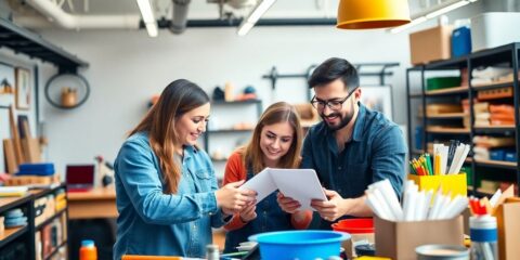 Small business owners collaborating in a bright workspace.