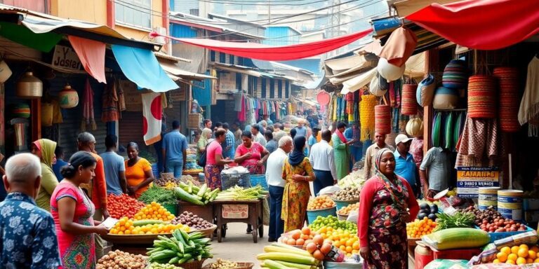 Market scene in a developing economy with diverse people.