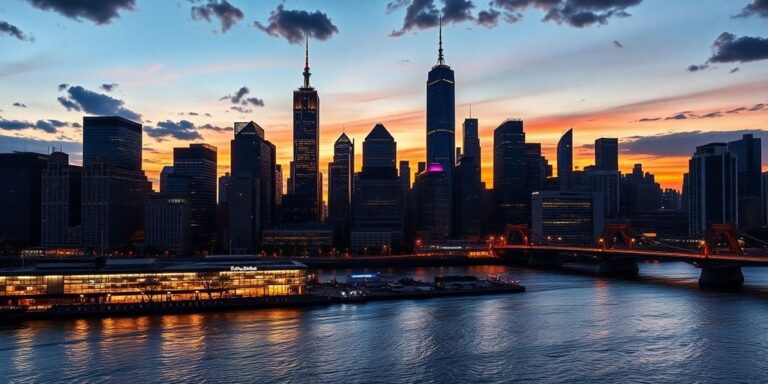 Vibrant city skyline at dusk with financial buildings.