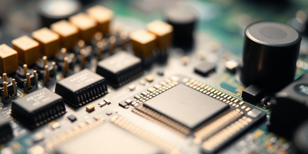 Close-up of semiconductor chips on a circuit board.