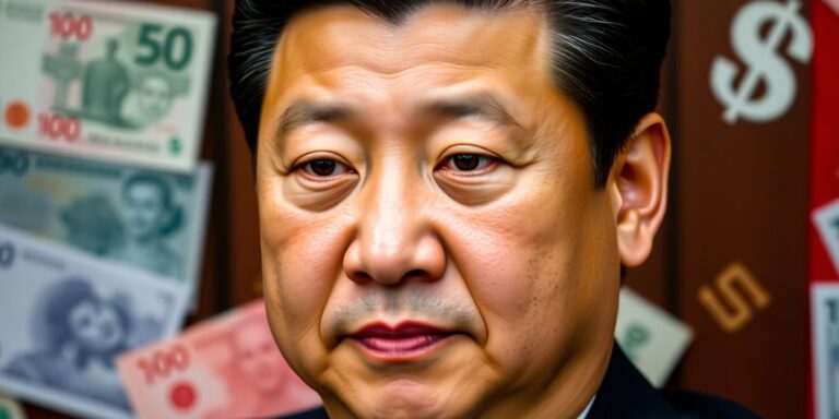 Xi Jinping in a formal setting with financial elements.