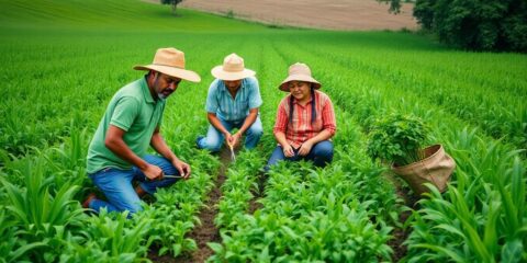 Farmers collaborating in a green field, promoting cooperative development.