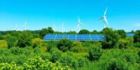 Renewable energy landscape with wind turbines and solar panels.