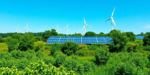 Renewable energy landscape with wind turbines and solar panels.