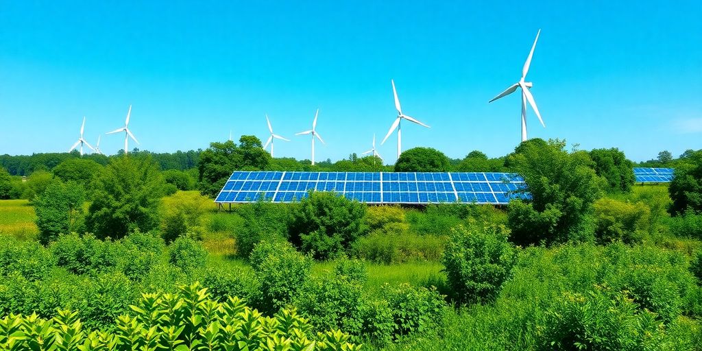 Renewable energy landscape with wind turbines and solar panels.