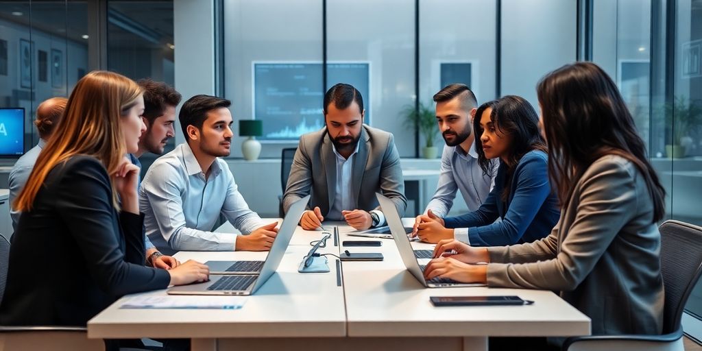 Diverse professionals collaborating in a modern financial workspace.