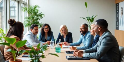 Delegates discussing climate finance at a conference table.