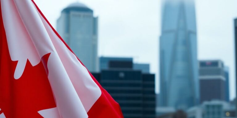 Canadian flag in a city setting during political upheaval.