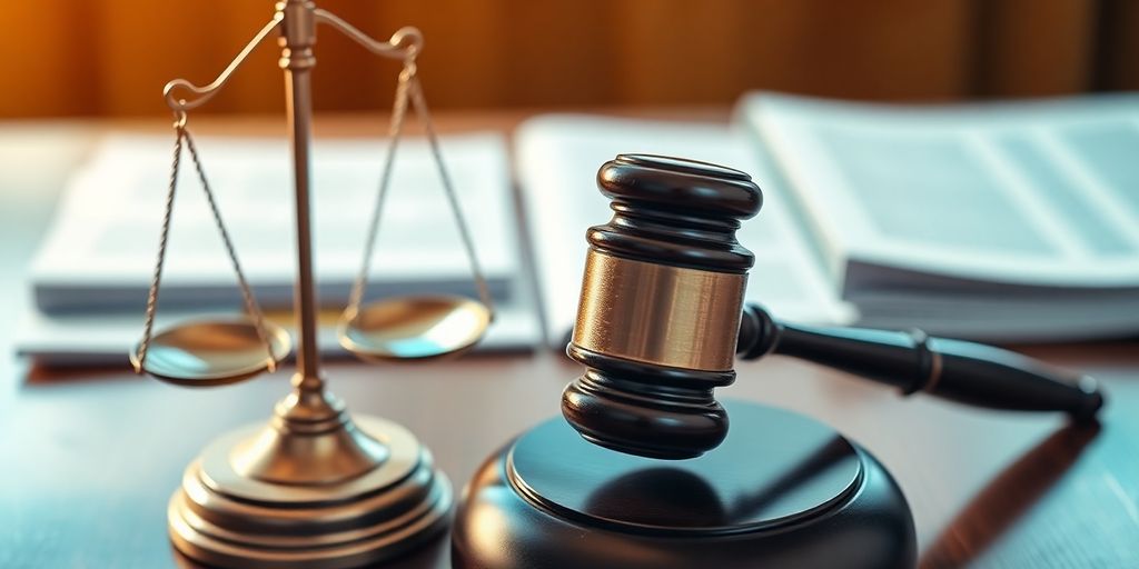 Gavel and scales of justice on a wooden desk.