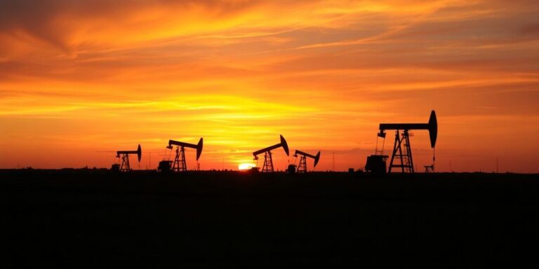 Oil field at sunset with silhouetted oil rigs.