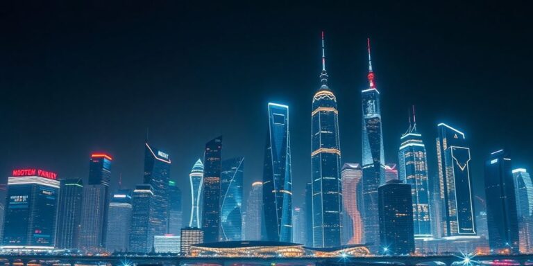 Futuristic city skyline with illuminated skyscrapers at night.