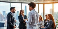 Diverse professionals collaborating in a modern office environment.