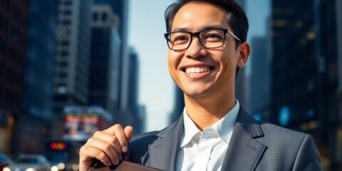 Professional smiling with briefcase in a busy city.