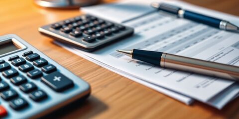 Calculator, pen, and financial documents on a desk.