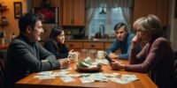 Concerned Canadian family discussing finances at the table.