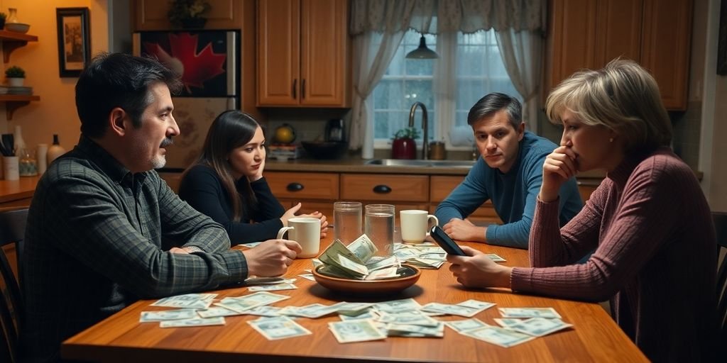 Concerned Canadian family discussing finances at the table.