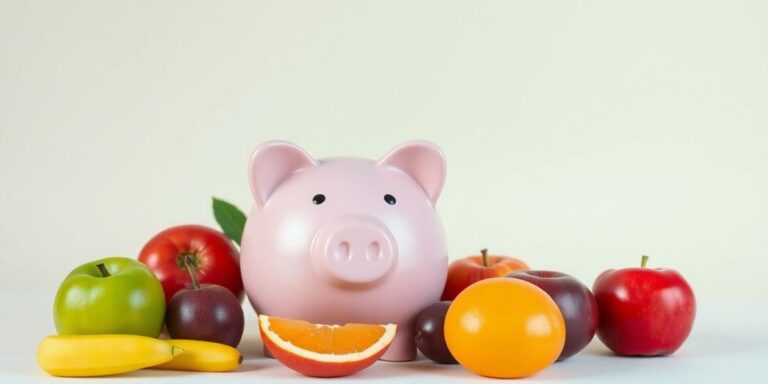 Piggy bank surrounded by fruit, symbolizing financial health.