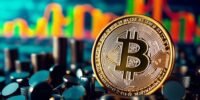 Bitcoin coin with financial growth background in focus.