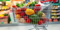 Shopping cart filled with groceries in a busy market.