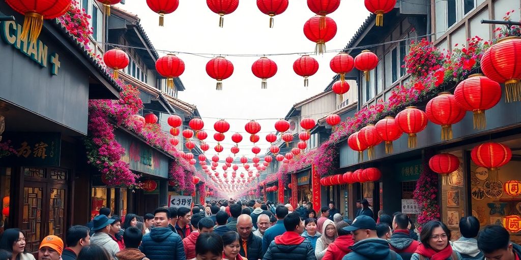 Crowded street in China decorated for Lunar New Year.