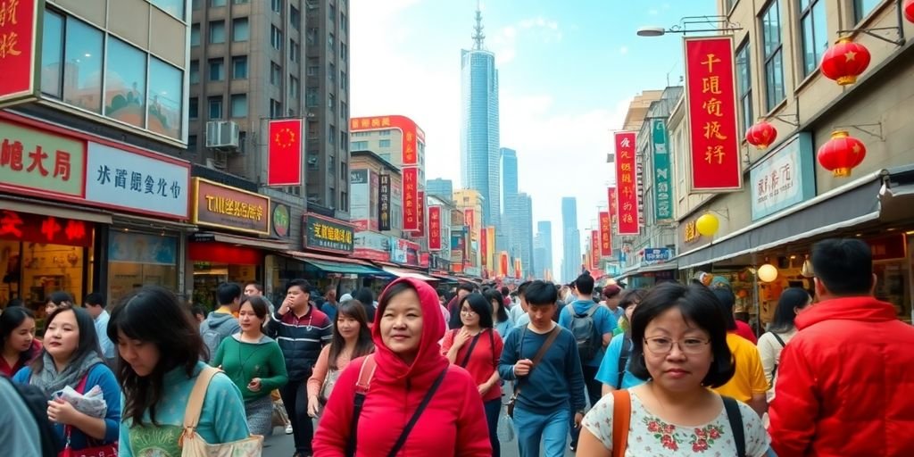 Crowded street scene in a Chinese city showing daily life.