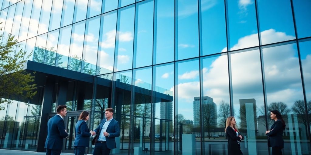 Business professionals outside a modern office building.