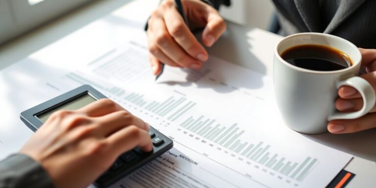 Person reviewing financial documents with a calculator and coffee.