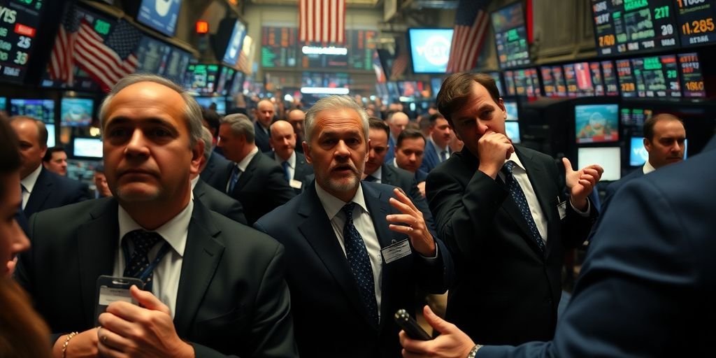 Traders on a busy stock market floor looking concerned.