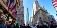 Wall Street traders discussing in a vibrant cityscape.