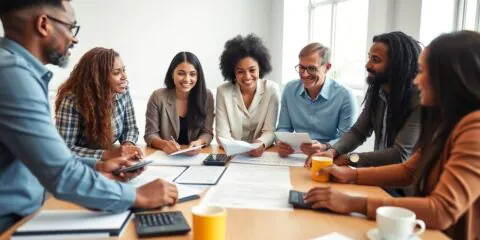 Group of professionals collaborating on financial planning.