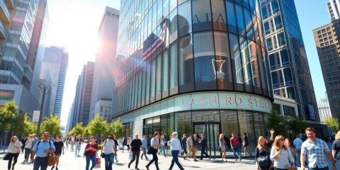 Modern cityscape with vibrant office buildings and busy pedestrians.