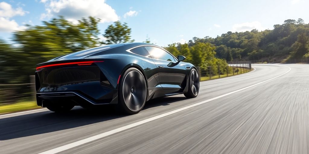 Futuristic car on winding road with lush greenery.