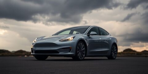 Tesla car under dark clouds, indicating market uncertainty.