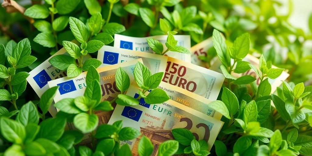 Green plants with euro notes representing sustainable finance.