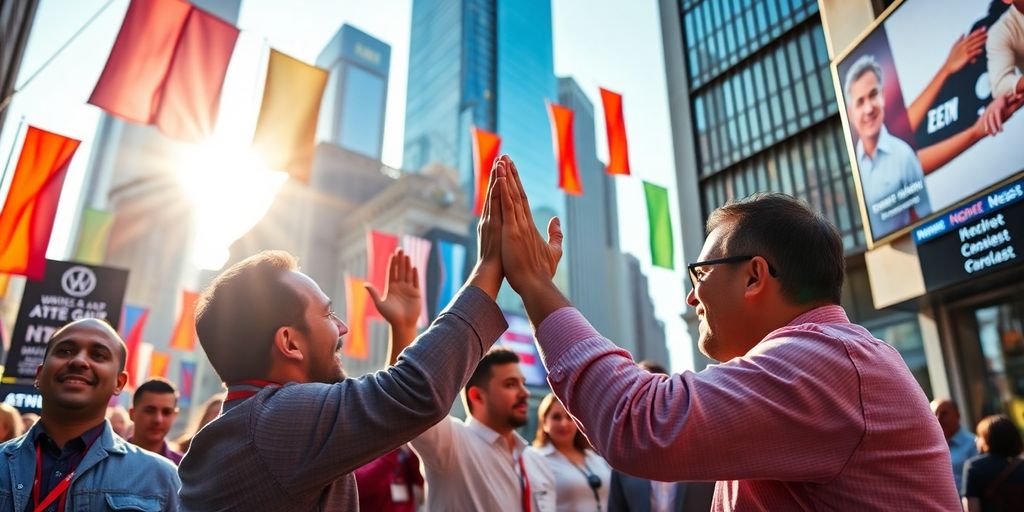 Traders celebrating in a bustling stock market scene.