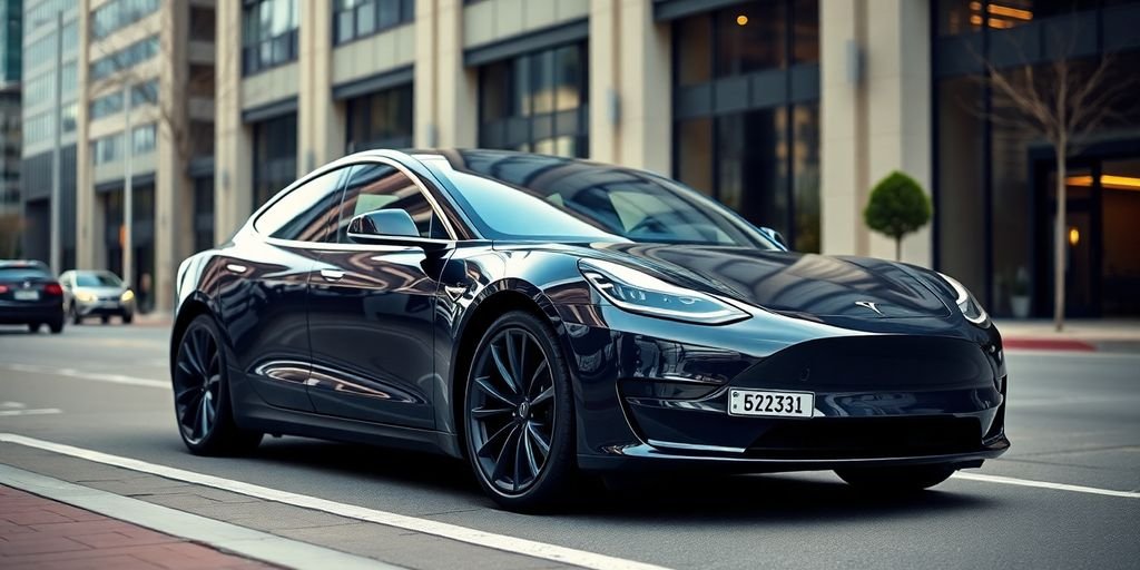 A Tesla car in a city setting, showcasing modern design.