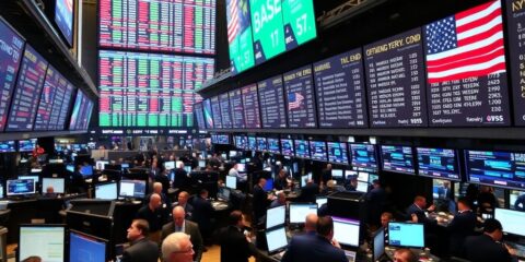 Traders on a crowded stock exchange floor at sunset.