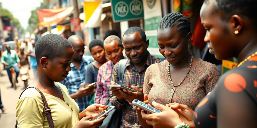 People using mobile payments in an African market.