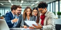 Diverse professionals collaborating in a modern finance office.