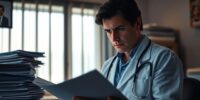 A worried healthcare worker surrounded by medical paperwork.