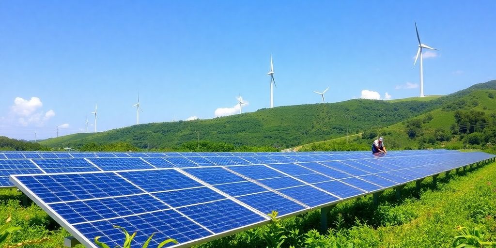 Solar panels and wind turbines in a green landscape.