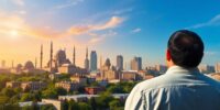 Almaty skyline with Islamic architecture and an investor.